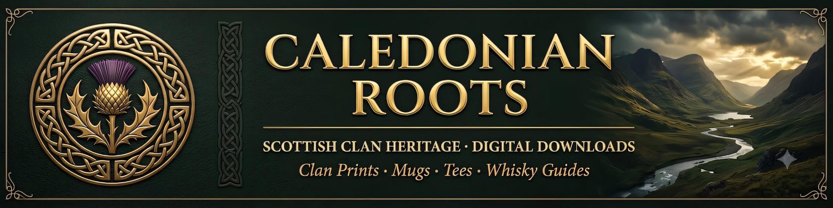 CaledonianRoots official shop banner with a thistle emblem and Scottish landscape.